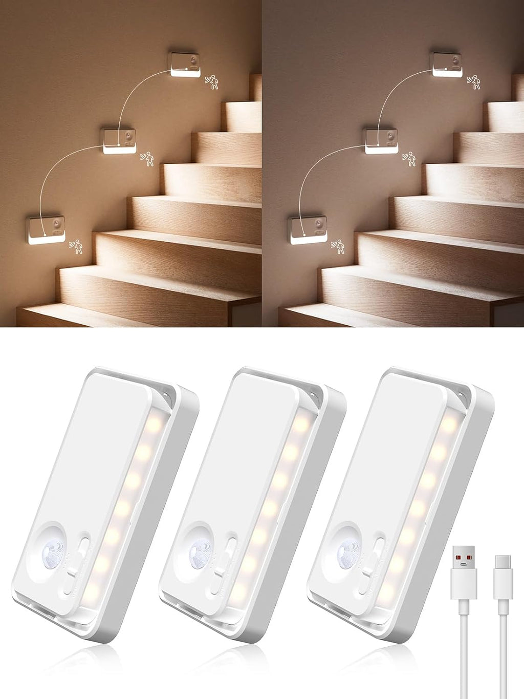 Motion Sensor Night Lights, 1800mAh Sync LED Stair Lights Indoor,3 Packs