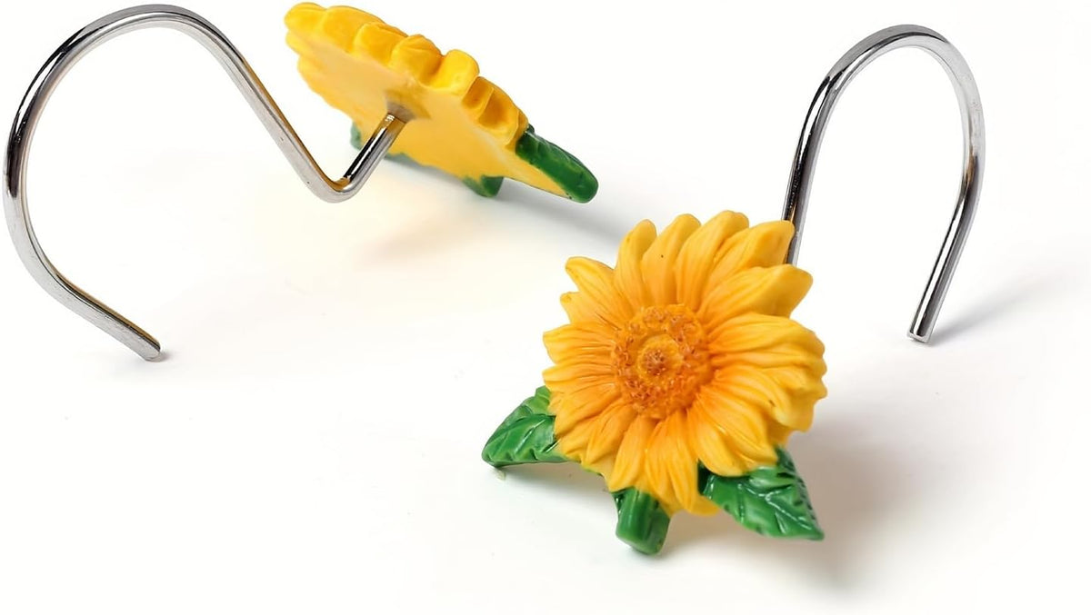 12PCS Sunflower Shower Curtain Hooks, Yellow Floral Ladybug Decorative Curtain Hanger, Metal Rustproof Shower Curtain Rod Ring for Bathroom Décor