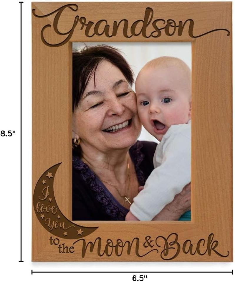 KATE POSH Grandson I Love You to the Moon and Back Engraved Wood Picture Frame, Grandma Grandpa Gifts, Christmas, Birthday, Mother's Day, Father's Day (4x6 Vertical)