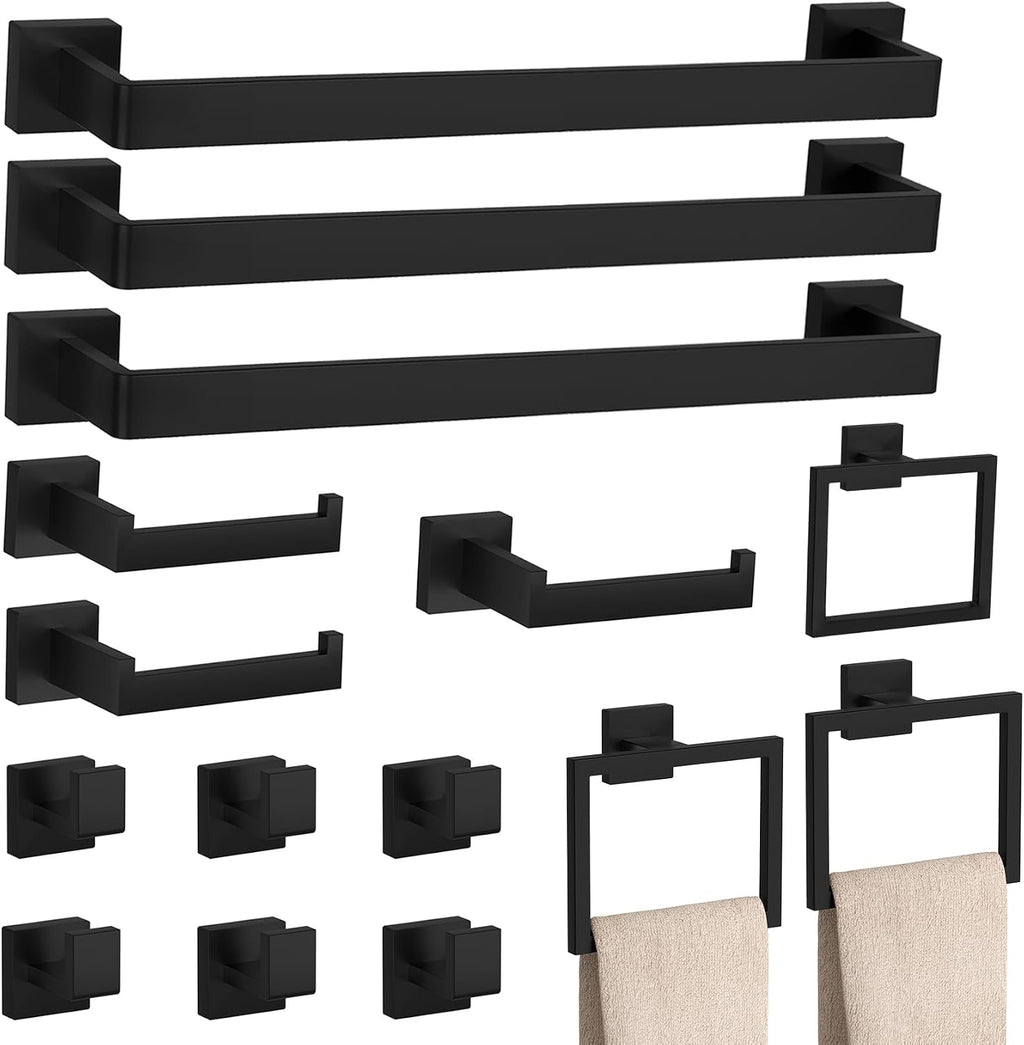 15-Piece Matte Black Bathroom Accessories Set 23.6 Inch Towel Bar Set.