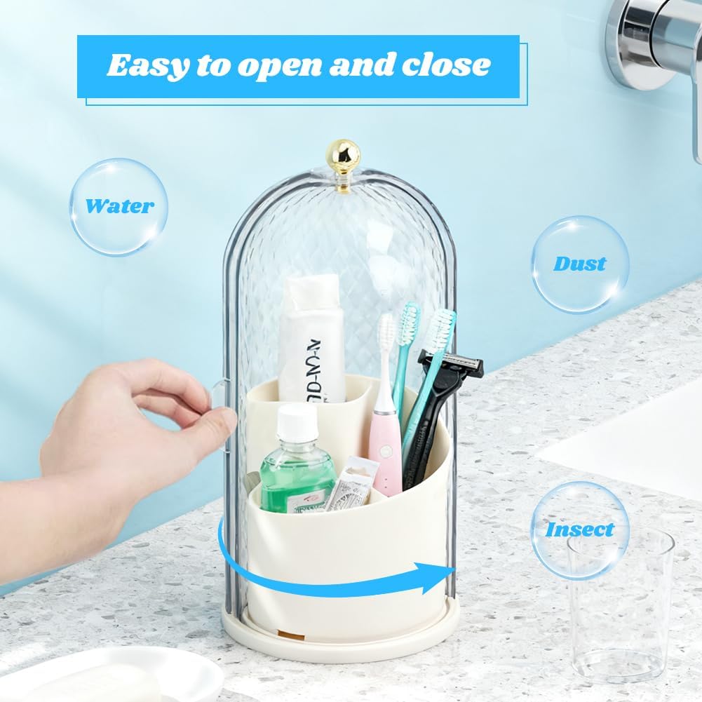 3 Slots Rotating Toothbrush Holder with Cover for Bathroom Countertop