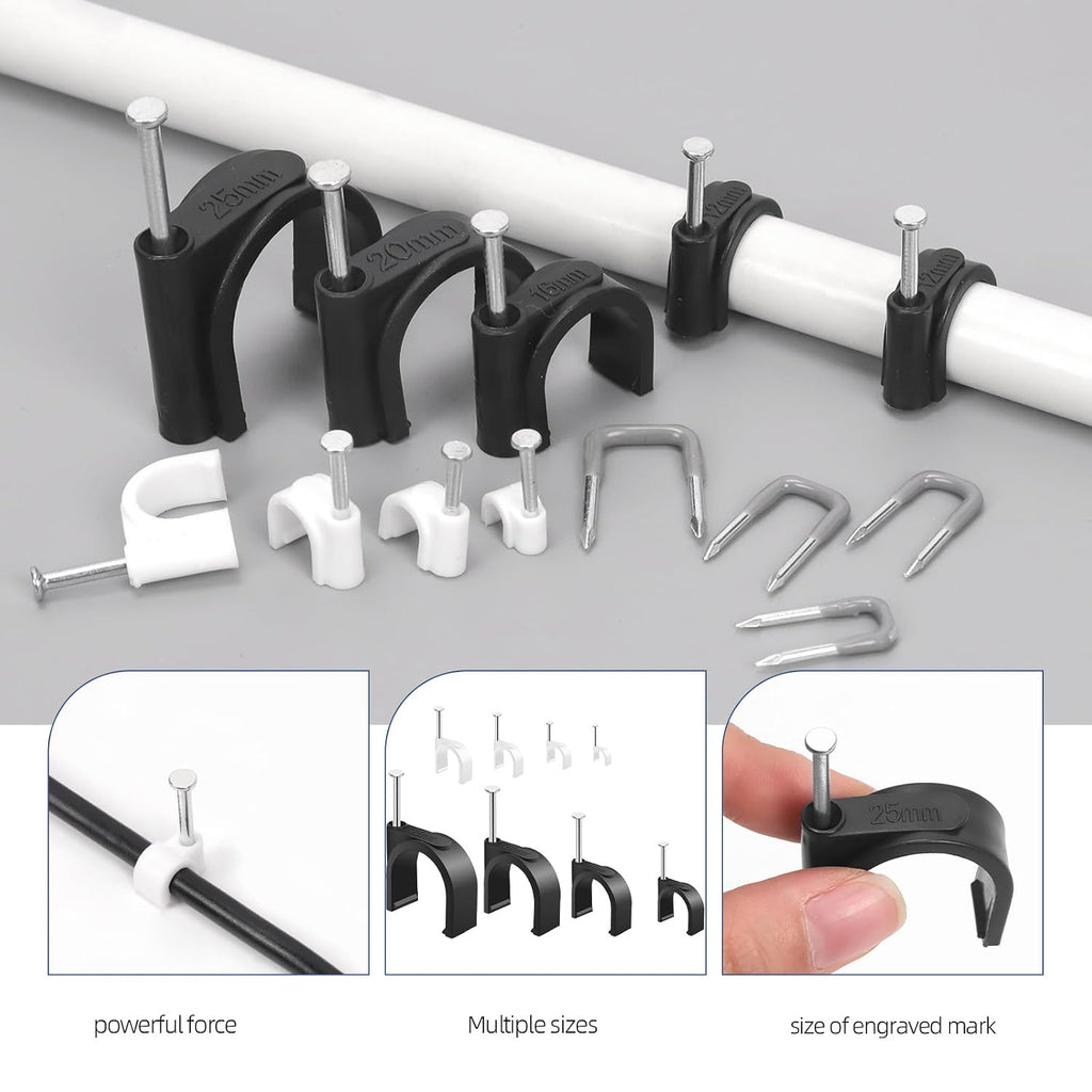 Glarks 423pcs Cable Clips with Steel Nail and Insulated U Staple Nail Kit, 223pcs M4/6/8/10/12/16/20/25 Cable Wire Clips, 200pcs Electrical U Staple Nail, Wire Staples Cord Clips for Cable Management