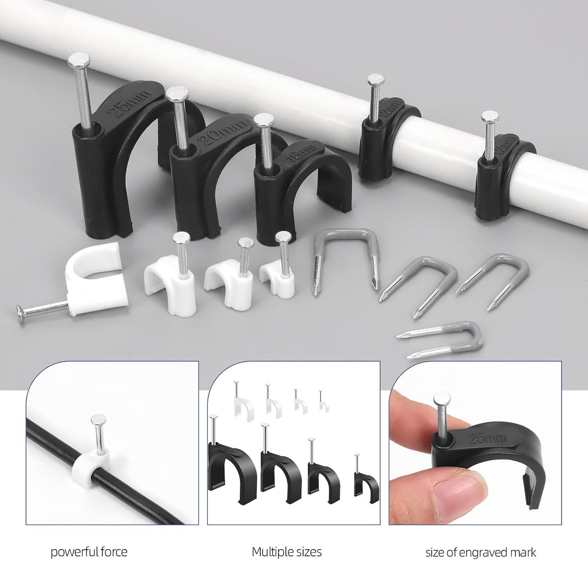 Glarks 423pcs Cable Clips with Steel Nail and Insulated U Staple Nail Kit, 223pcs M4/6/8/10/12/16/20/25 Cable Wire Clips, 200pcs Electrical U Staple Nail, Wire Staples Cord Clips for Cable Management