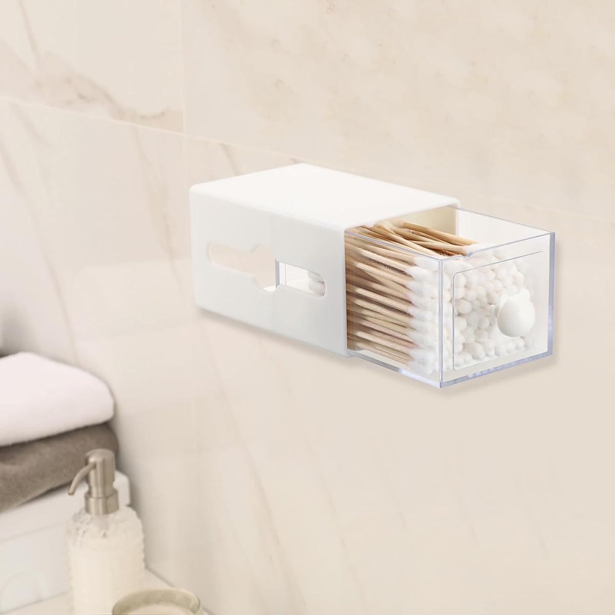 Qtip Holder Plastic Bathroom Dispenser Accessories Storage Canister Wall Mounted Apothecary Jar for Q-tip Cotton Swab Balls Pads Small Vanity Organizer with Double-sided Drawer