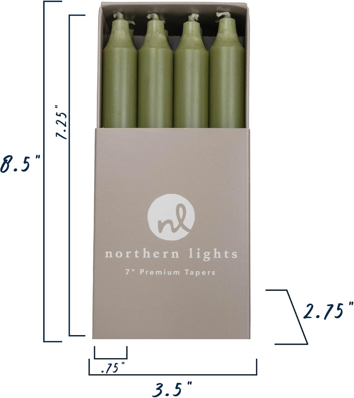 Northern Lights Candles - 7" 12pk Tapers - Moss Green - 71734
