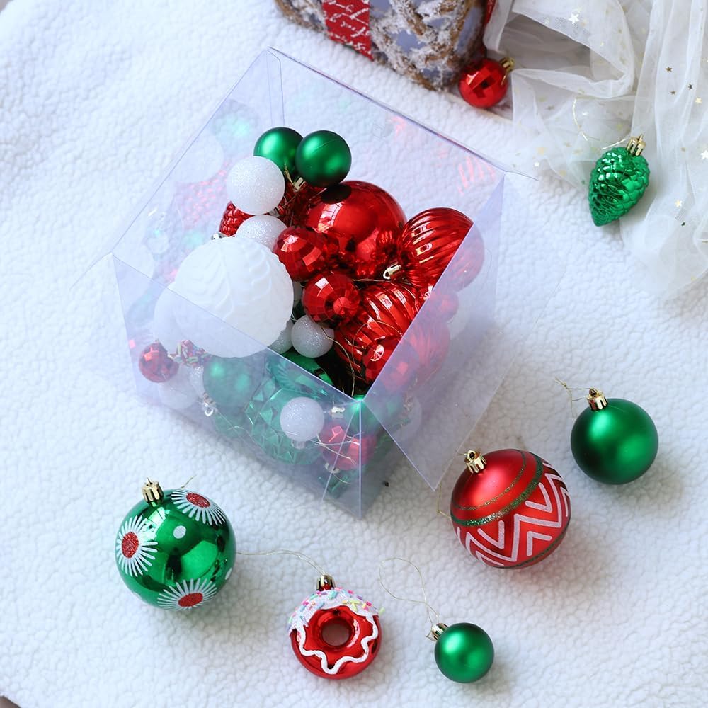 Christmas Tree Ornaments, 56PCS Red White Green Christmas Ornaments Shatterproof Multi Colored Plastic Hanging Balls for Xmas Decoration Holiday Party