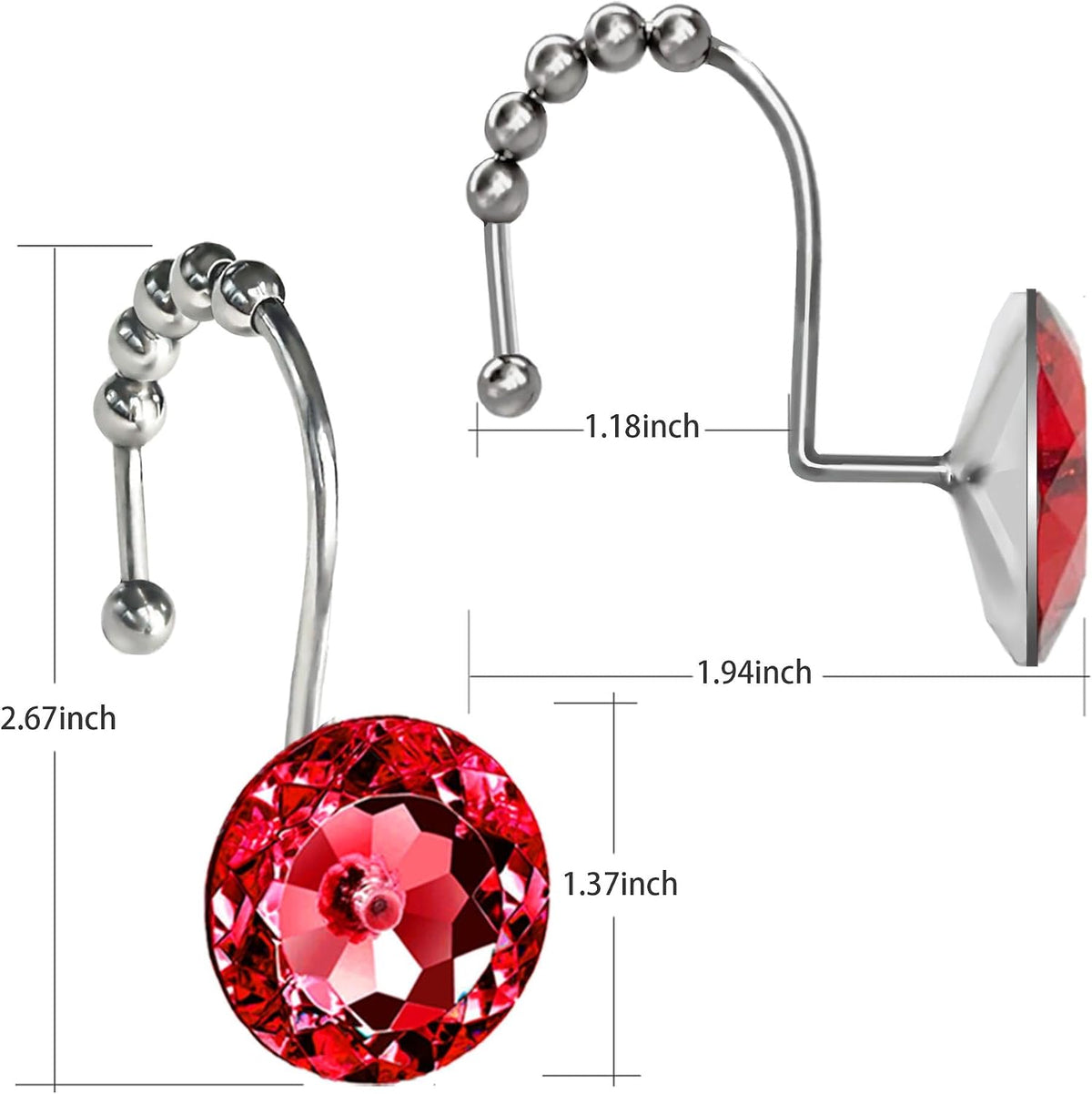 Red Crystal Diamond Shower Curtain Hooks for Bathroom【12Pack】, Silver Rust Proof Stainless Steel Rings, Decorative Gem Hanger, Bling Rhinestone, Glittery, Cute, Fancy Accessories