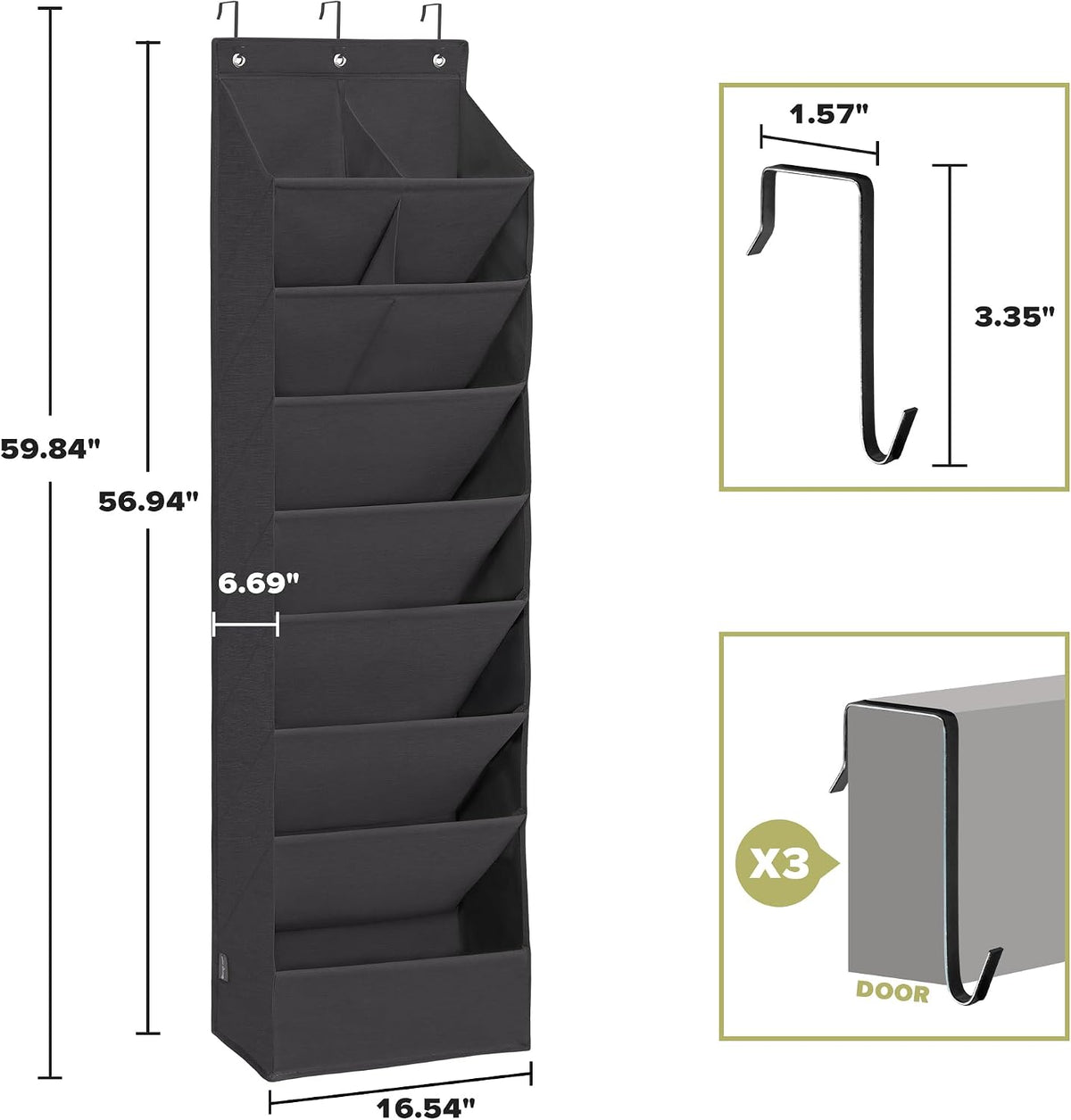 Over Door Organizer with 10 Extra Large Pockets, 23 Pairs Shoes Large Capacity Hanging Storage Organizer for Shoes, Diapers, Black, 8 Layers, 2-Pack