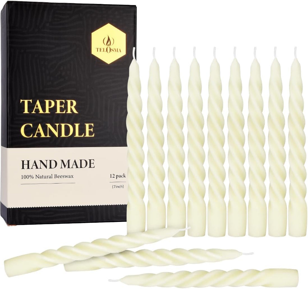 12 PCS Natural Beeswax Spiral Taper Candles, 7 Inch Tall- Off White