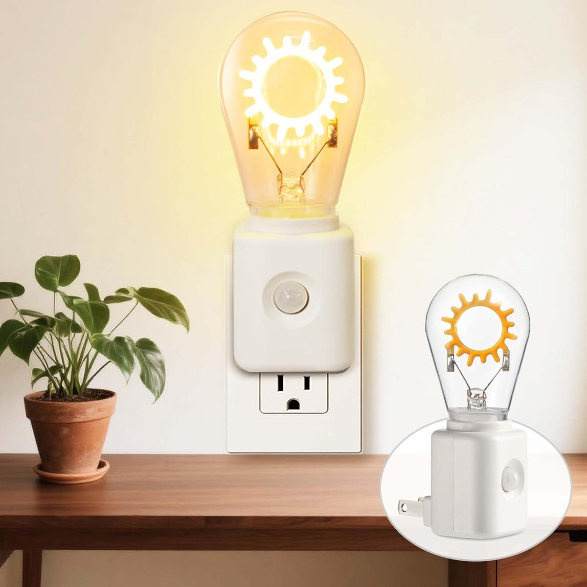Unique Gift, LED Night Light with Motion Sensor, Retro Filament Design, Dimmable 2200K Warm White Plug into Wall, Auto Dusk to Dawn Activation, 1W Energy Efficient, 1 Pack