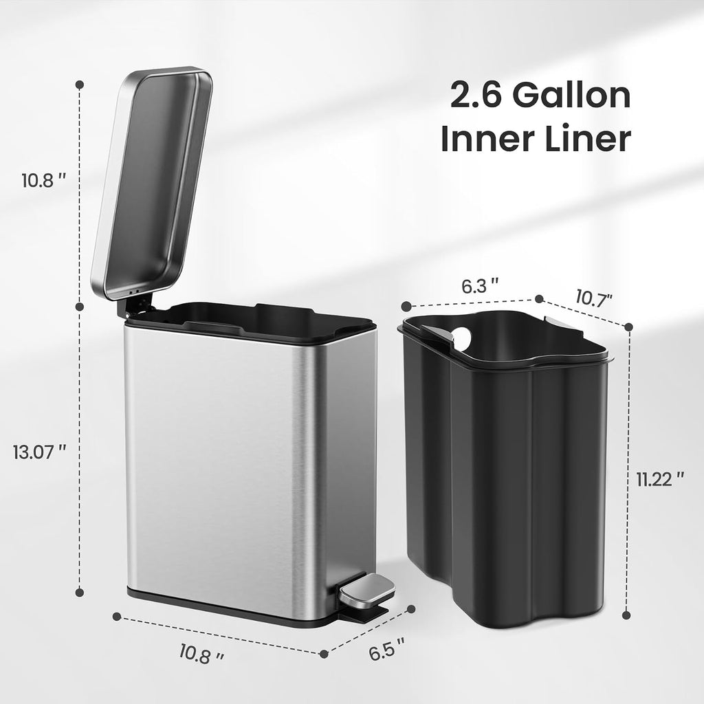 Cesun 2.6 Gallons Small Bathroom Trash Can with Lid Soft Close, Silver