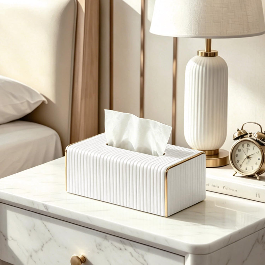 White Tissue Box Cover Rectangle, Tissues Holder with Gold Edging