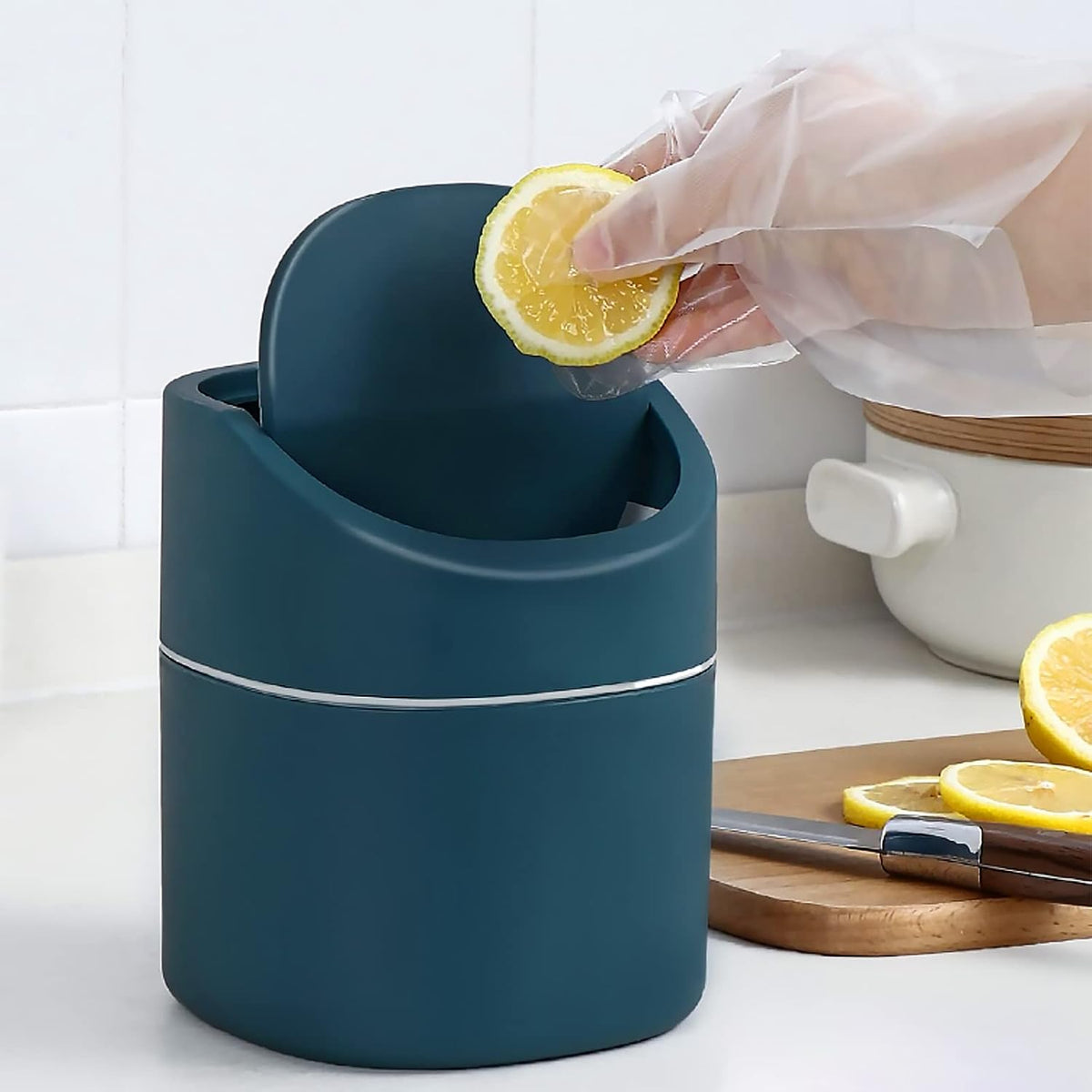 Mini Desk Trash Can with Swing Lid, 0.5gal, Includes 180 Bags, Blue