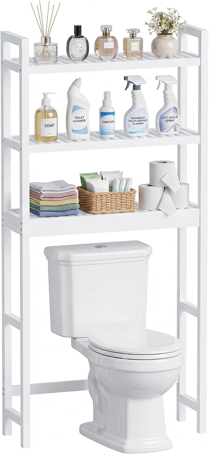 SMIBUY Bathroom Storage Shelf, Bamboo Over-The-Toilet Organizer Rack, Freestanding Toilet Space Saver with 3-Tier Adjustable Shelves (White)