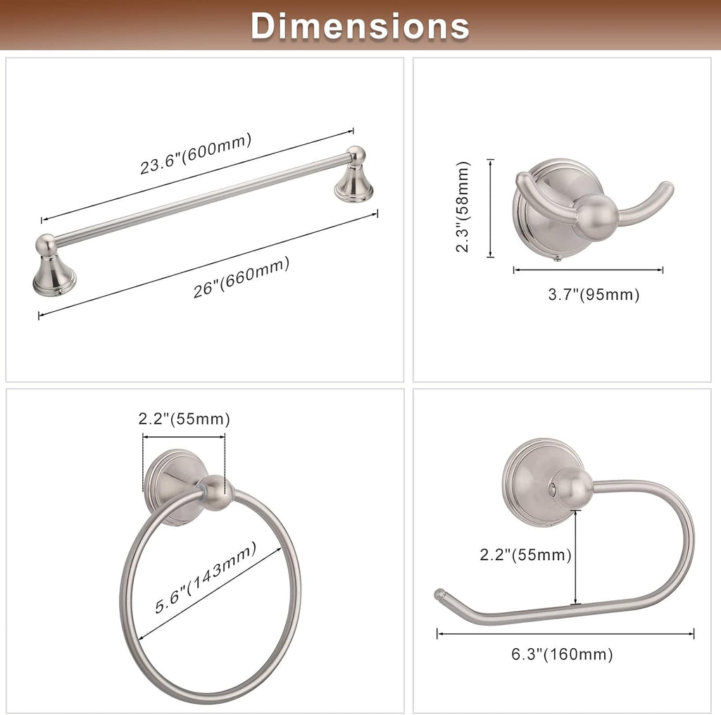 FILTA Brushed Nickel Bathroom Hardware Set - 4 Piece Towel Holder Set with 18 or 24 Inch Towel Bar