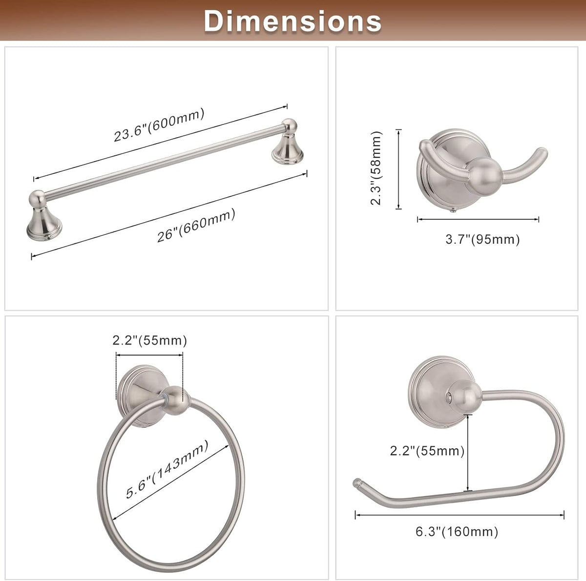 FILTA Brushed Nickel Bathroom Hardware Set - 4 Piece Towel Holder Set with 18 or 24 Inch Towel Bar