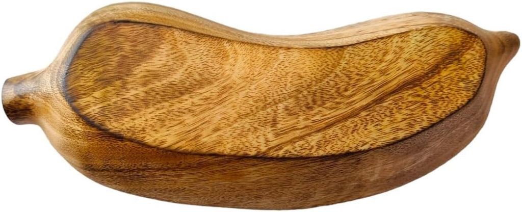 Carved Wood Bowl 10" Long Brown Banana Fruit Shaped Tray Plate - Handcrafted Functional Collectibles Wooden Crockery for Serving Candy Nuts Desserts Fruits Accent Décor Gifts