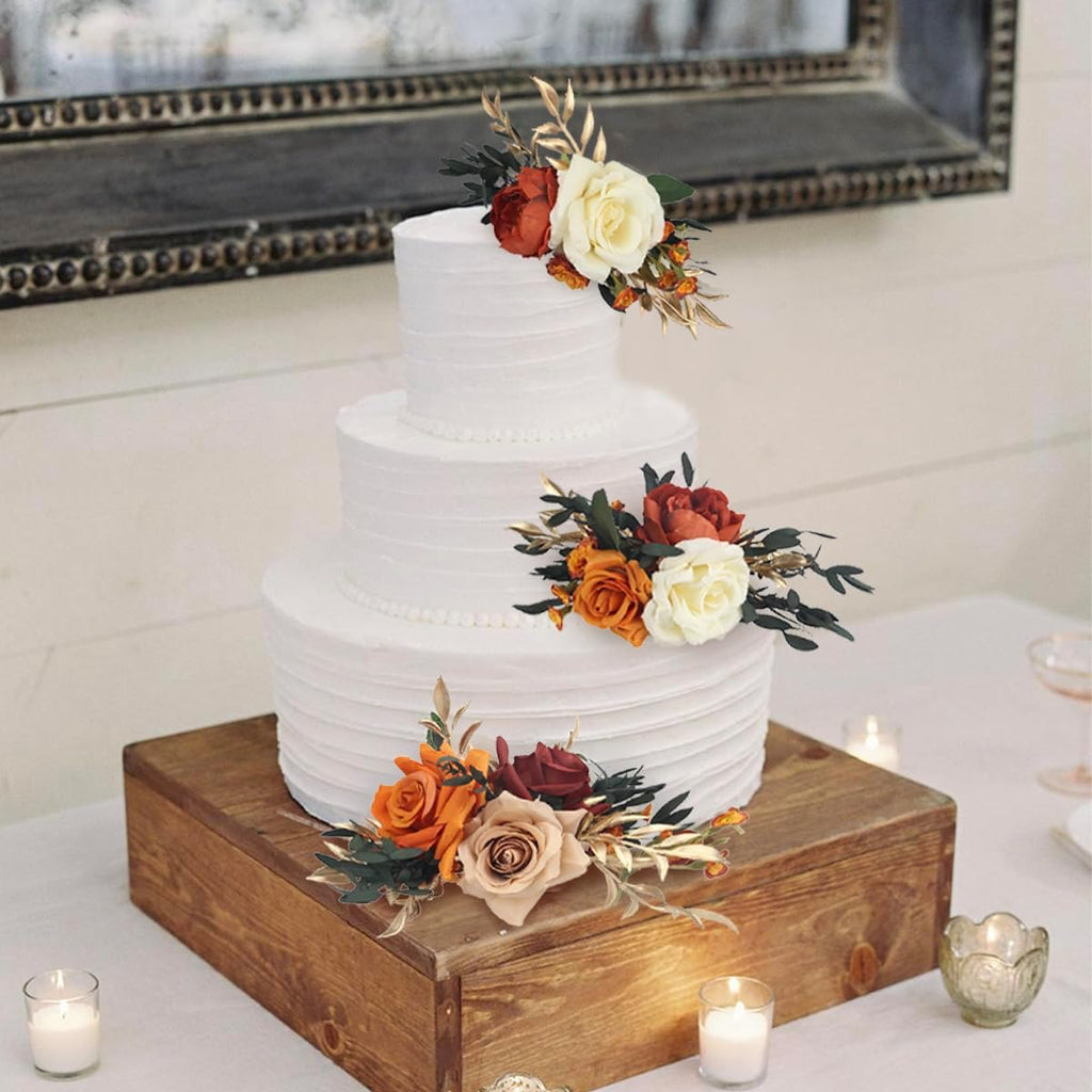 Rinlong 3Pcs Pre-made Cake Topper Cake Decorating Flowers for Cake Decor Boho Burnt Orange Fall Cake Flowers for Wedding Baptism Birthday Party Bridal Baby Shower