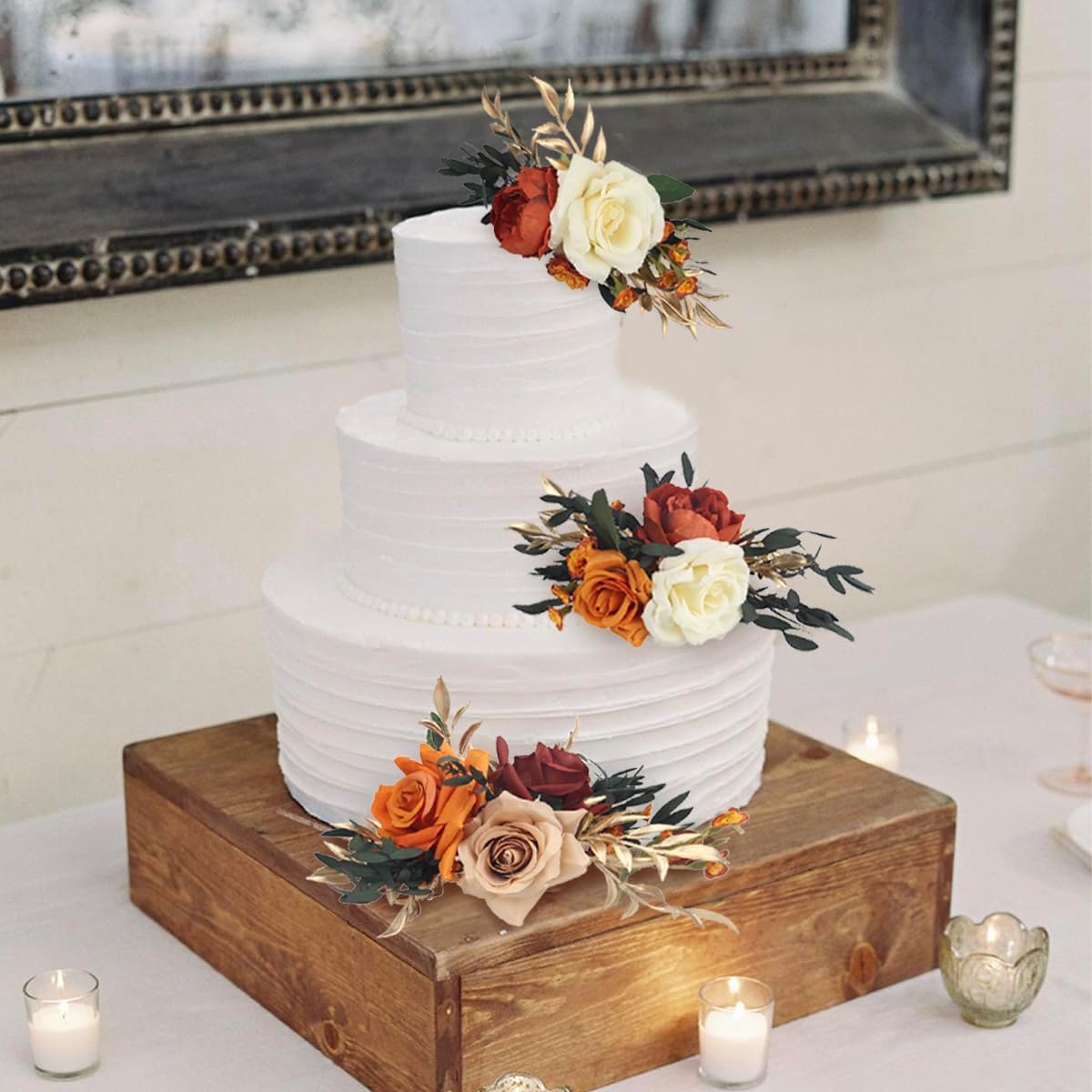Rinlong 3Pcs Pre-made Cake Topper Cake Decorating Flowers for Cake Decor Boho Burnt Orange Fall Cake Flowers for Wedding Baptism Birthday Party Bridal Baby Shower