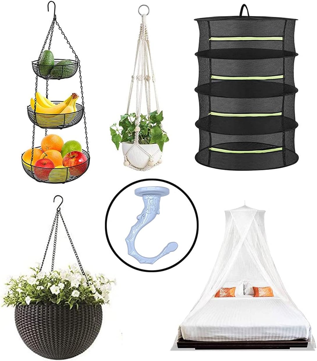 Heavy Duty Ceiling Hooks, Hanging Plants, Basket Set (5, White)
