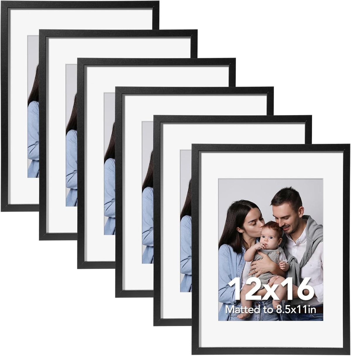 SYNTRIFIC 12x16 Black Picture Frames Set of 6, Matted to 8.5x11 with Mat
