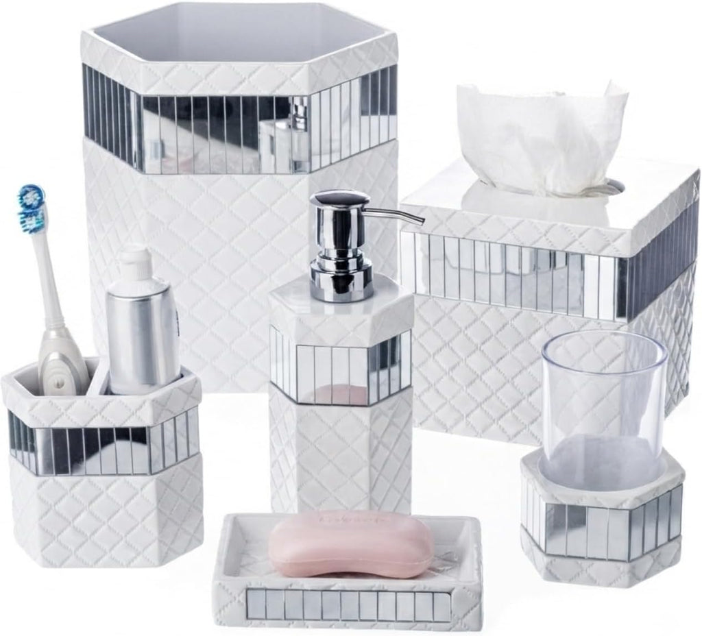 Creative Scents Quilted Mirror 6 Piece Bathroom Accessories Set