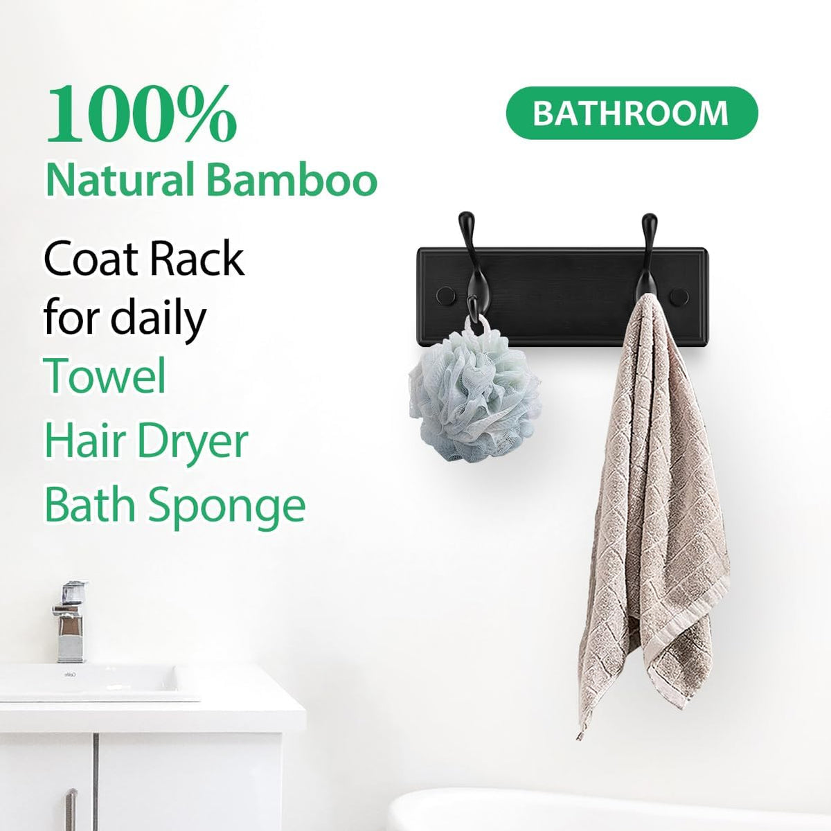 Badiano Heavy Duty Wooden Coat Rack, Wall-Mounted Organizer, 9 Inch, Black