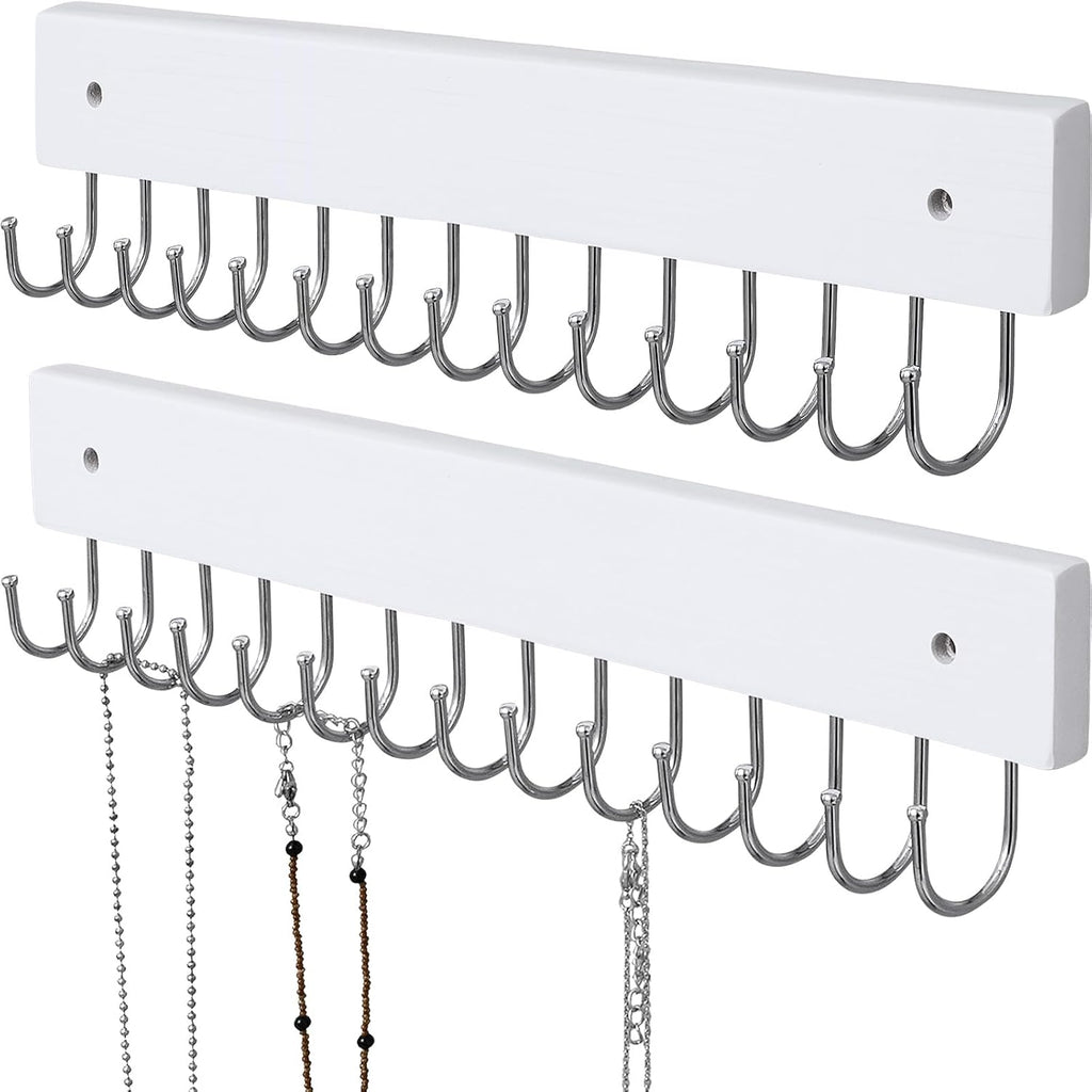 SCUNDA Hanging Jewelry Organizer Wall Mounted, Modern Jewelry Display with 28 Hooks, Decorative Necklace Holder for Wall, Space Saving Necklace Hooks, (2 Packs, White)