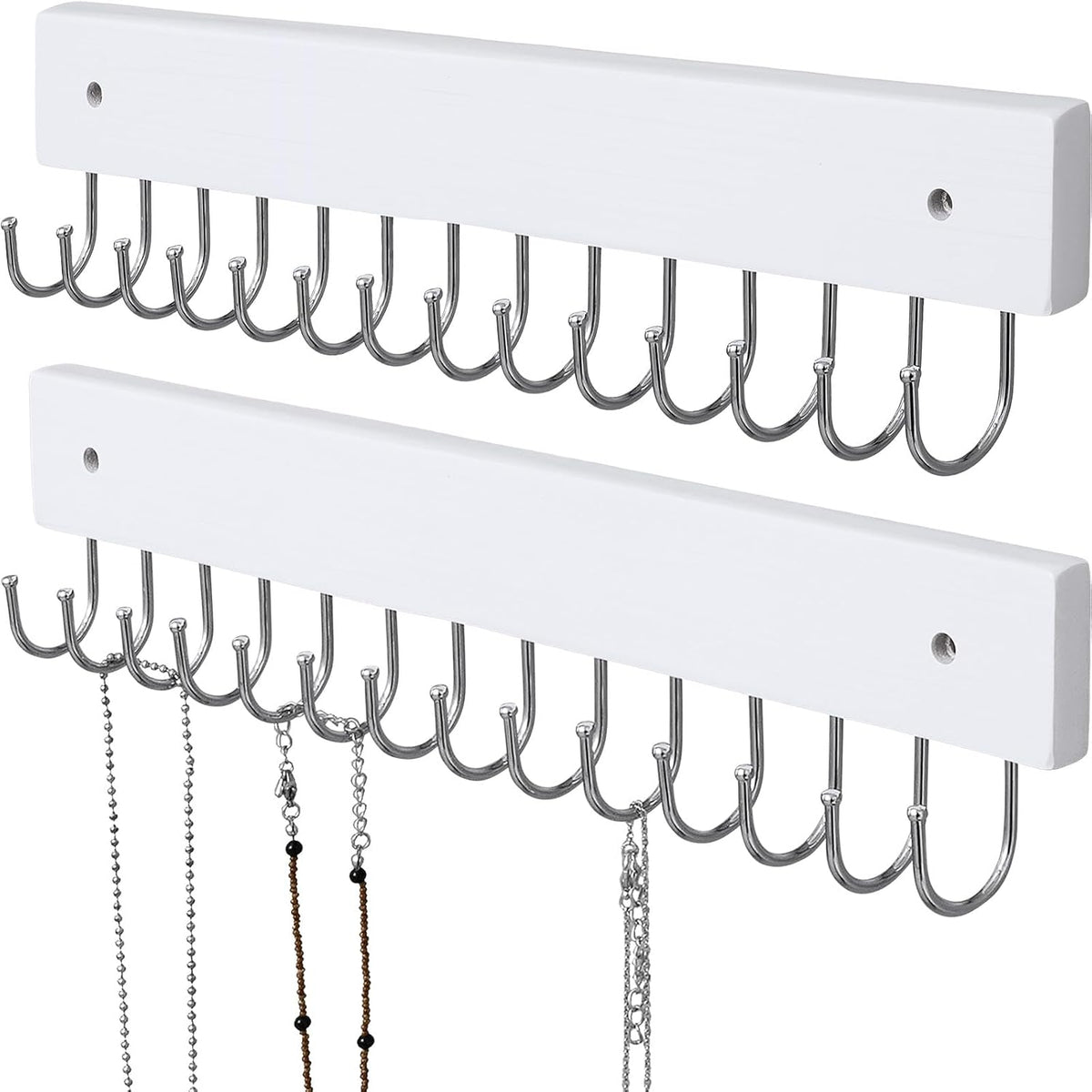 SCUNDA Hanging Jewelry Organizer Wall Mounted, Modern Jewelry Display with 28 Hooks, Decorative Necklace Holder for Wall, Space Saving Necklace Hooks, (2 Packs, White)