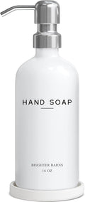 White Glass Hand Soap Dispenser Bathroom Set by Brighter Barns - Bathroom Soap Dispenser Set with Ceramic Tray - Refillable Glass Bottle Pump - Modern Home Decor for Airbnb, Hotel, Restaurants (White)