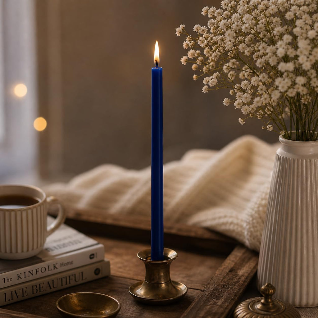 Petekoğlu 40 Pieces Pure Beeswax Candles - No-Drip, Smoke-Less, Tall, Thin Taper Decorative Candles for Church Prayer, Decor or Birthday Candles – Honey Scented Candles – 7.9”x0.26” (Deep Blue)
