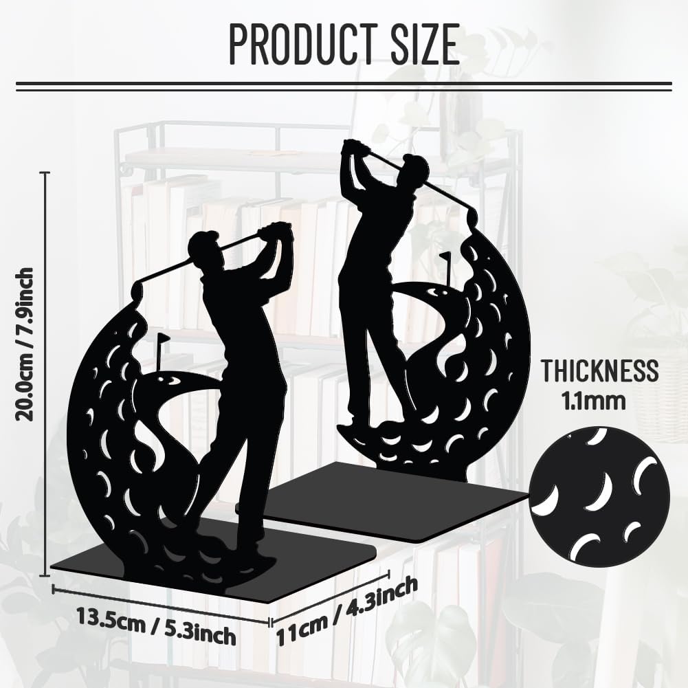 WADORN 1 Pair A People Playing Golf Metal Decorative Bookend for Shelves, Heavy Duty Book Ends Modern Non-Skid Books Holder Stand Black Book Support Stoppers for Office Desk Bookshelf, 5.3x4.3x7.8in
