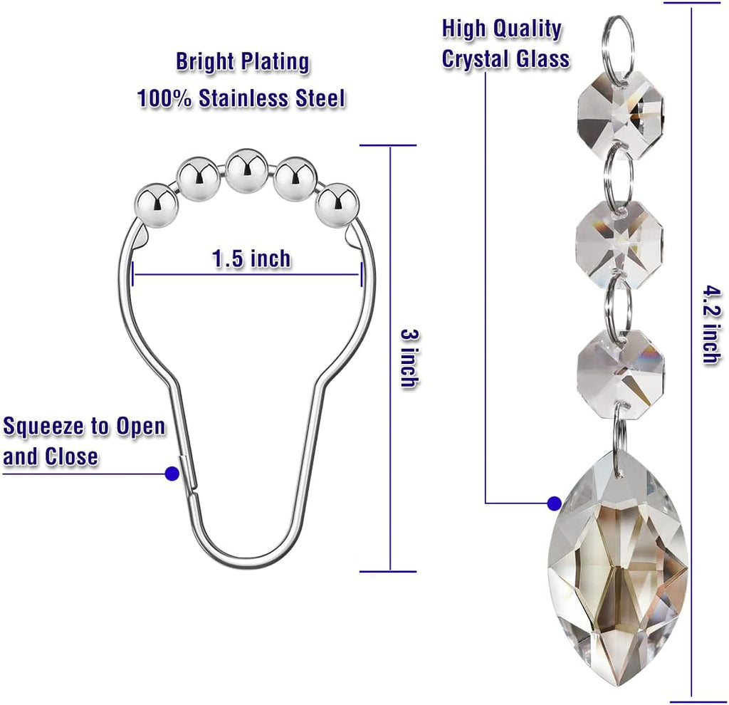 Shower Curtain Hooks Rings for Bathroom, 12PCS Shower Hooks with Gemstone Crystal Bead Charms, Stainless Steel Rust Resistant Curtain Rings (Clear Eye Charm)