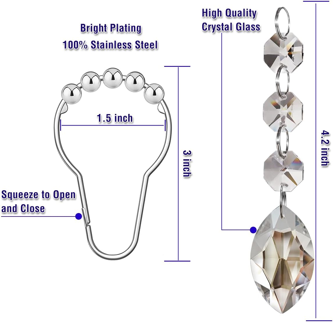 Shower Curtain Hooks Rings for Bathroom, 12PCS Shower Hooks with Gemstone Crystal Bead Charms, Stainless Steel Rust Resistant Curtain Rings (Clear Eye Charm)