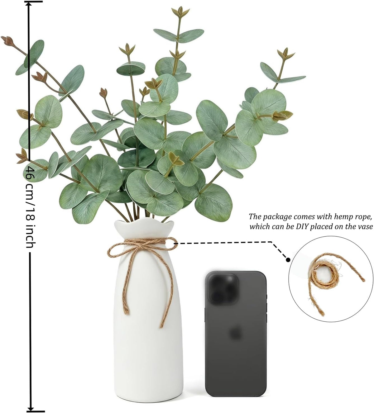 Artificial Eucalyptus Stems with Vase, 18" Fake Plant Greenery Branches Golden Leaves Faux Eucalyptus Stems for Home Office Farmhouse Wedding Table Centerpiece Décor