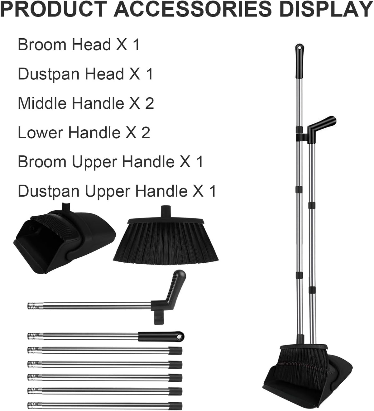 Black Broom and Dustpan Combo Set, 51" Long Handle Broom