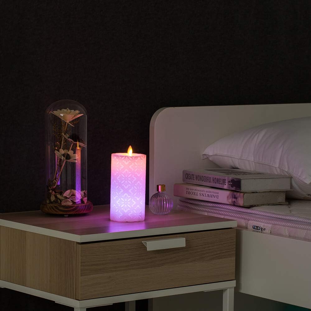 Flameless Candle, Real Wax LED Candle, Safety RGB Light, Run by 2 AA Batteries(not Included), Ivory Wax, D: 3.2'', H: 6.3'', Floral Pattern, Dancing Flame, Remote to Multi Color, 4H 8H Timer, Flicker
