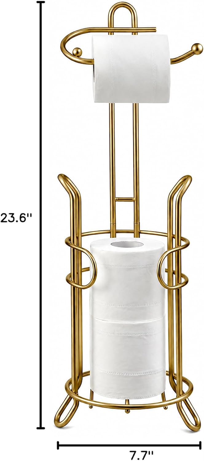 SunnyPoint Bathroom Toilet Tissue Paper Roll Storage Holder Stand with Reserve, The Reserve Area Has Enough Space to Store Mega Rolls (Gold)