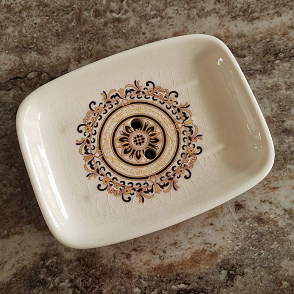Kelake Ceramic Soap Dish Creative Ice Crack Ceramic French Sunflower Pattern Soap Dish Holder for Bathroom and Shower Soap Tray Box with Drain Gift for Mum Family