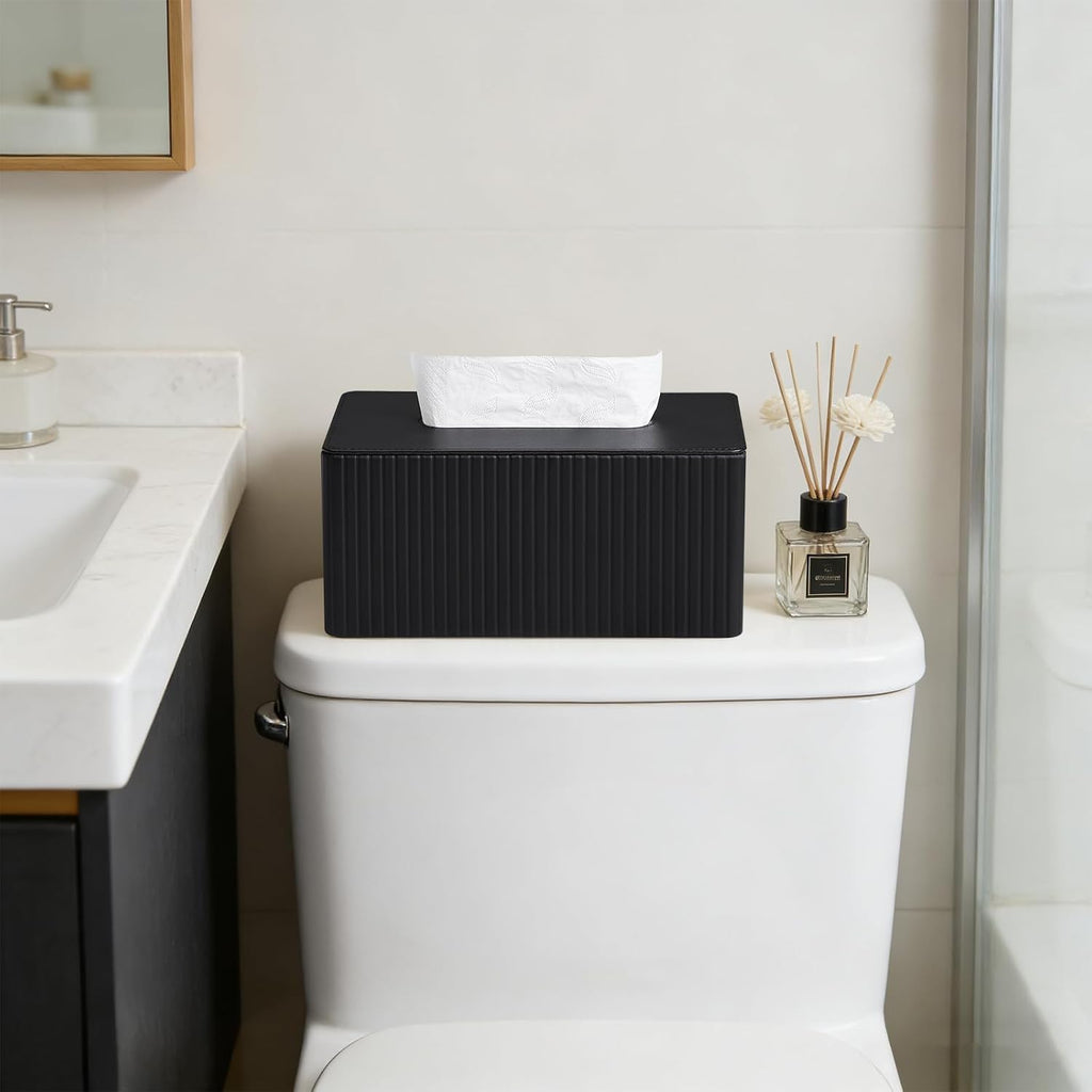 PU Leather Tissue Box Cover Rectangle (Black, Inner Height 3.9")