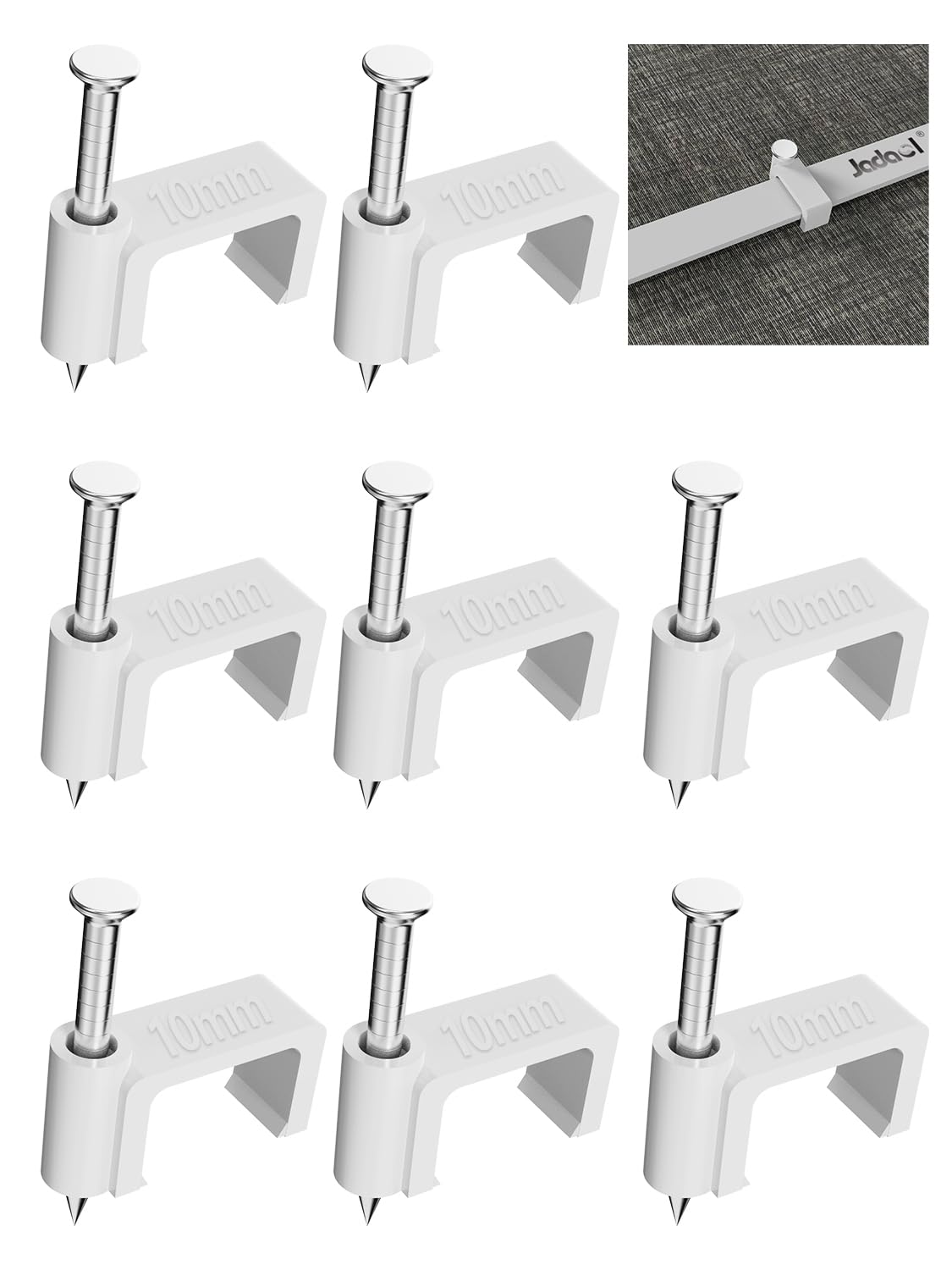 Jadaol 100Pcs 10mm Nail-in Cable Clips for Flat Ethernet, TV, Speaker Wire - Wall Tacks for Cat5/Cat5e/Cat6/Cat7 RJ45 Cords