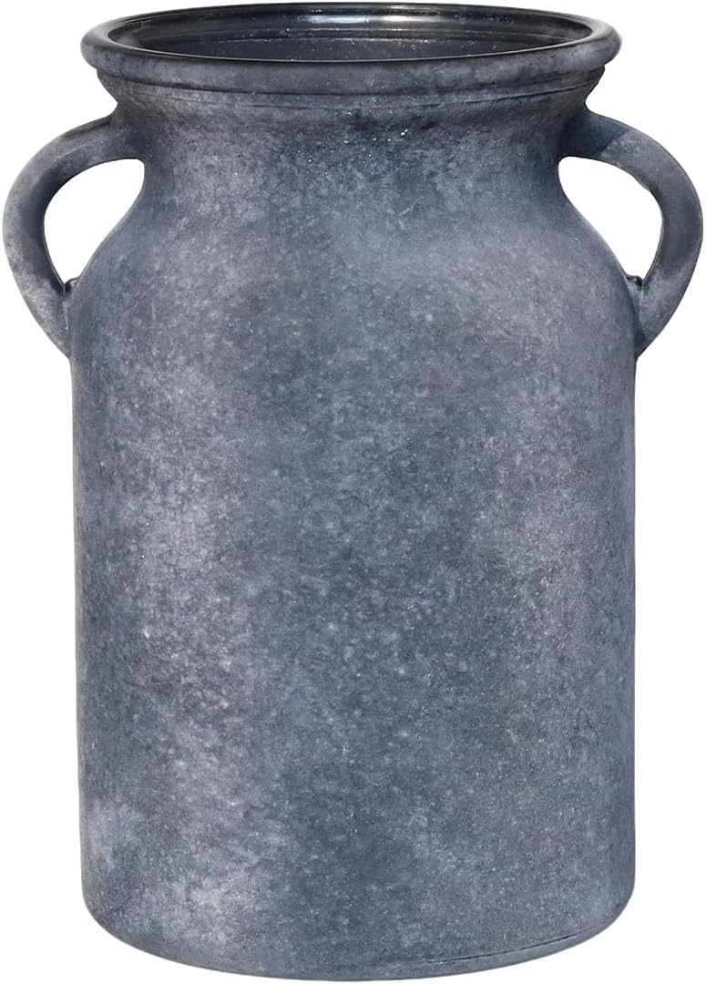 Black Glass Vase with Handles - Rustic Imitation Ceramic Flower Vase 8 Inches, Vintage Matte Black Centerpiece Decor for Modern Farmhouse, Industrial Home, Gothic & Minimalist Table Decorations