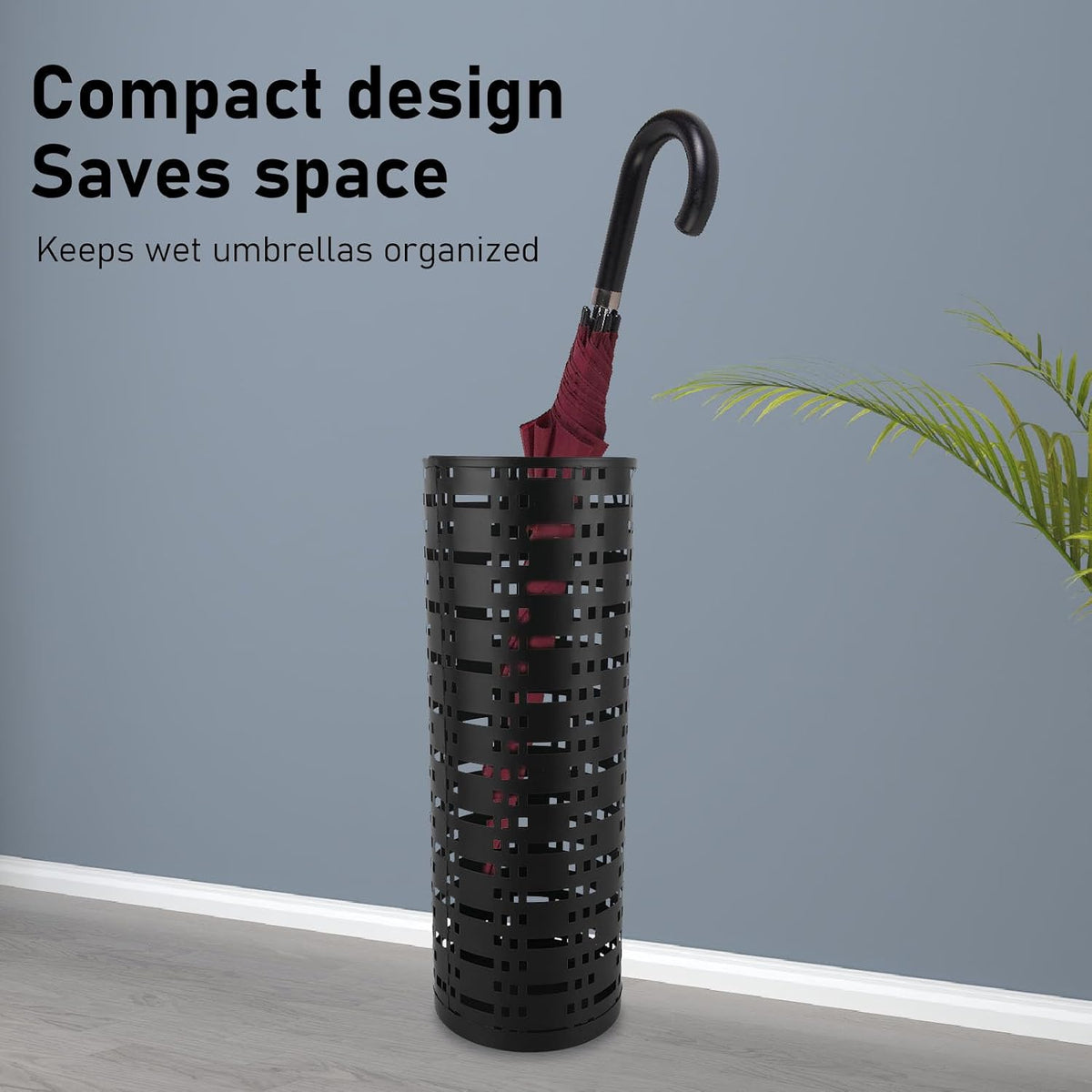 Pissente Umbrella Holder, Rustproof Space Saving Fashionable Hollow Round Metal Umbrella Stand Rack for Entryway Home Office Indoor Outdoor, Black, 16.5 x 5.9 x 5.9in