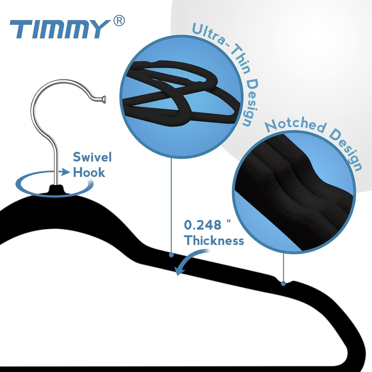 TIMMY 50 Pack Velvet Clothes Hangers, 17.7 in, Black/Silver, Non-Slip