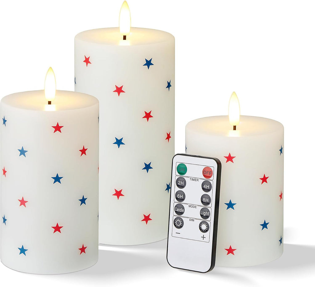 Flameless LED Candles, 3 Patriotic Americana Pillar Candles, Timer, Remote Ready, Stars Design for July 4th Memorial Day