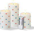 Flameless LED Candles, 3 Patriotic Americana Pillar Candles, Timer, Remote Ready, Stars Design for July 4th Memorial Day