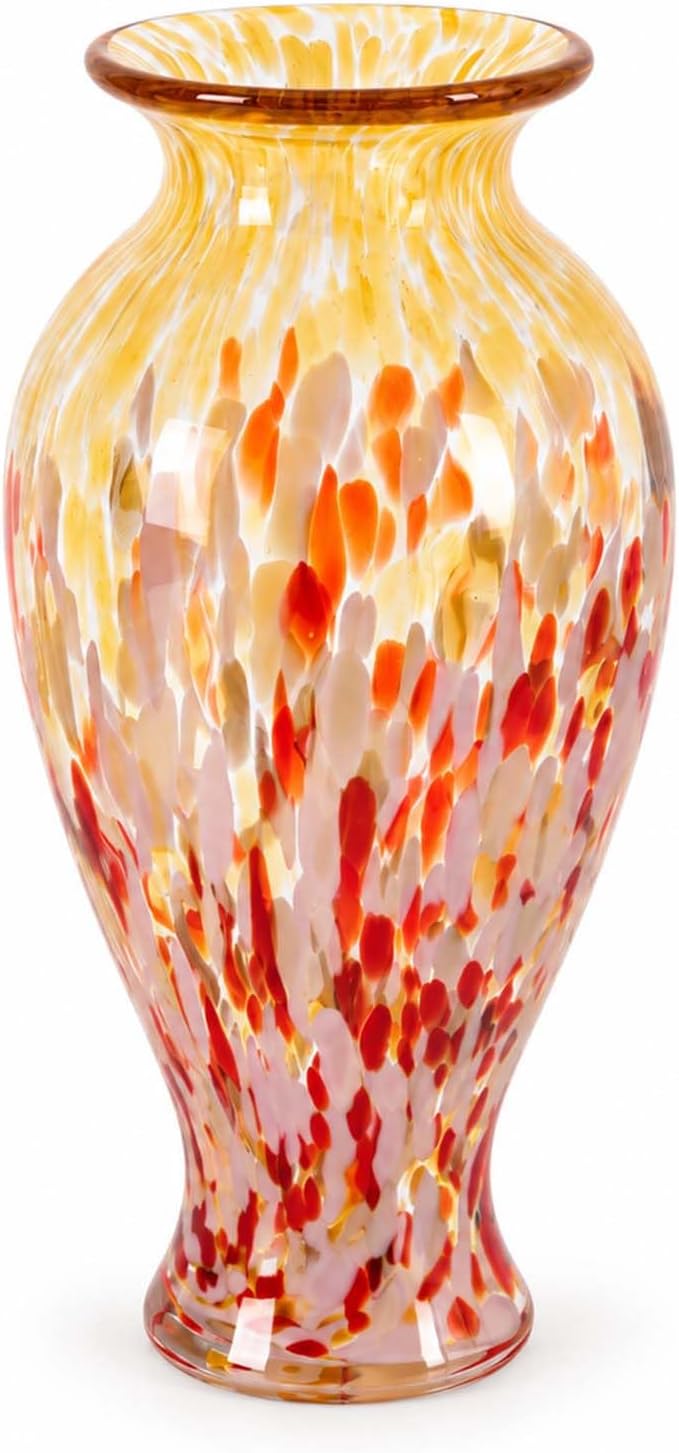 11.8" Tall Glass Vase Beautiful Hand Blown Glass Vase Modern Art Home Decor, Wide Mouth Colorful Vases for Mantle Dining Table Centerpiece, Entryway Living Room Wedding Decoration (Amber Swirl)