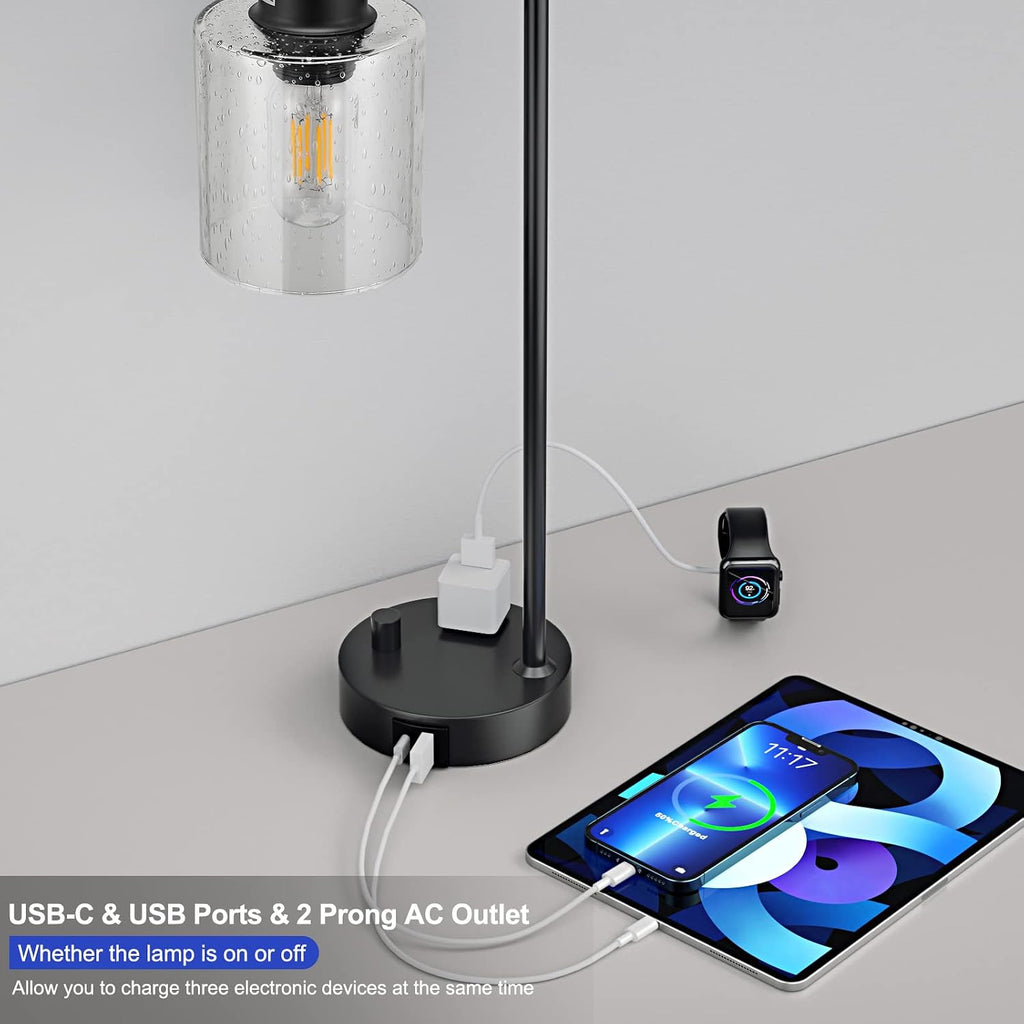 Industrial Desk Lamp, Fully Dimmable Small Bedside Table Lamp, Black, USB C