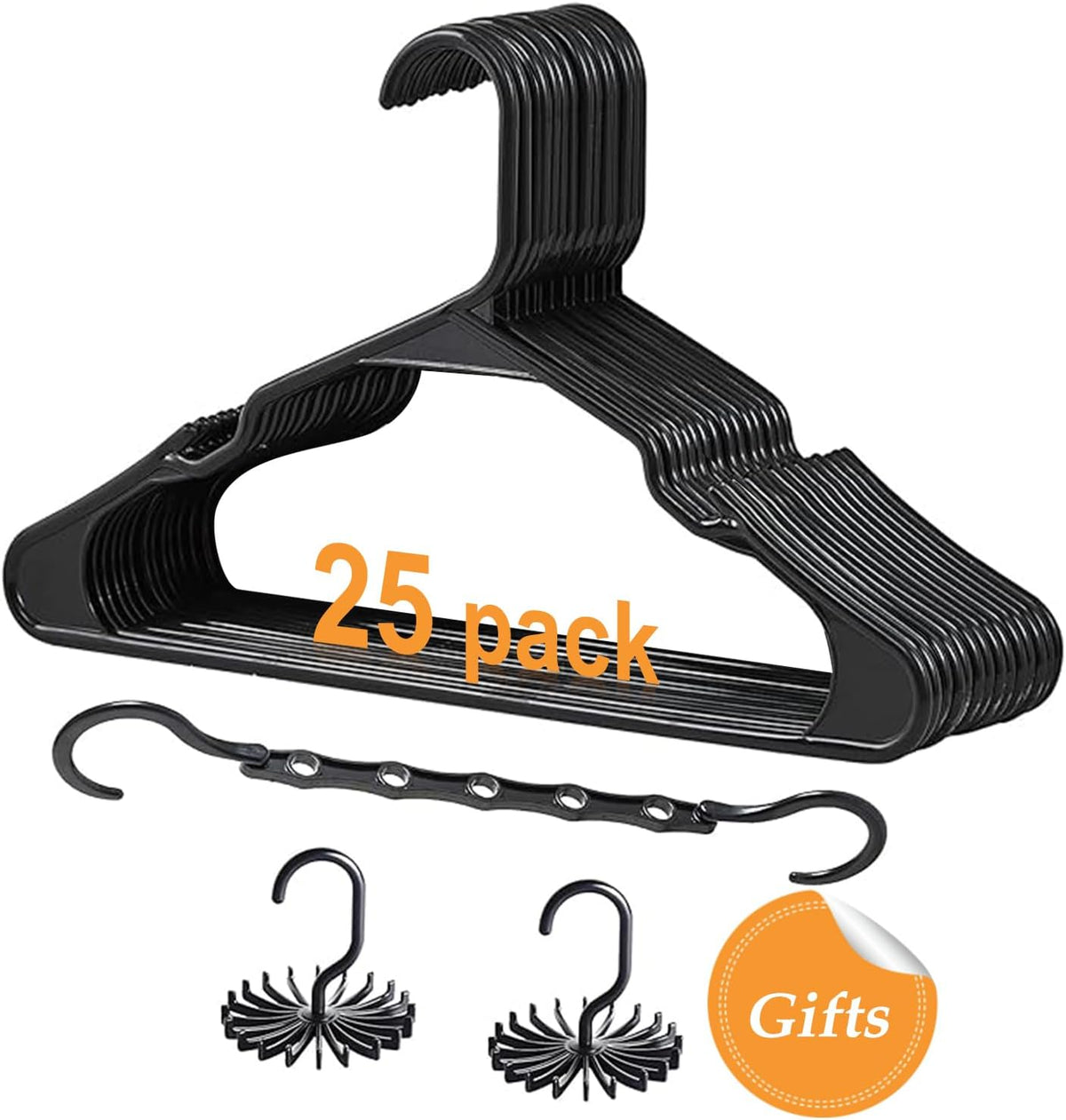 VECELO 25 Pack Plastic Hangers-Clothes Hangers with Shoulder Non Slip Notches,Clothing Hangers for Closet Space Saving-Heavy Duty Coat Hanger,Black