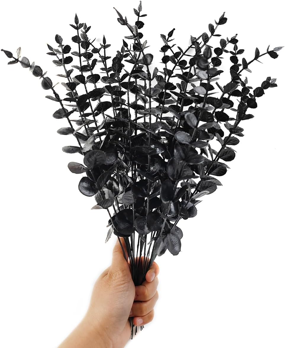 TIHOOD 14PCS 15” Black Eucalyptus Stems Artificial Eucalyptus Leaves Branches Fake Eucalyptuses Decor Faux Eucalyptus leaf Stem for Halloween Autumn Fall Floral Arrangement Wedding Bouquet Home Office
